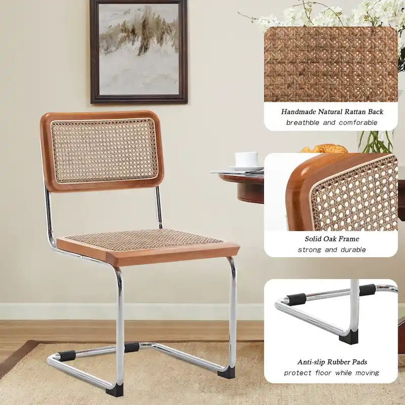 Set of 2 Upholstered Natural Rattan Dining Chairs - Armless Accent Side Chairs for Kitchen