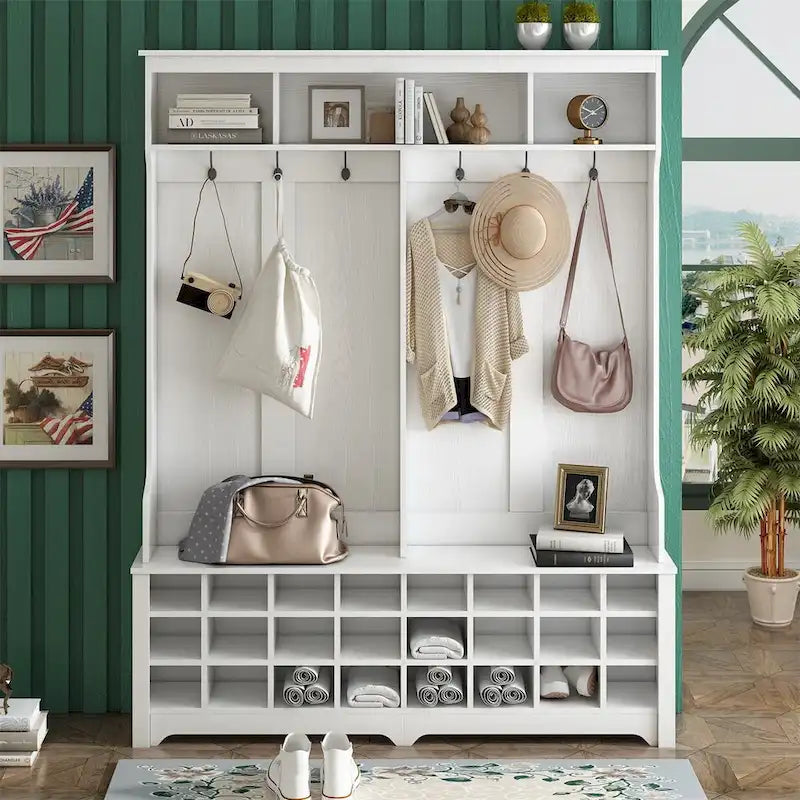 Merax Versatile Hall Tree with Hooks, Shelves, and 24 Shoe Storage Cubbies