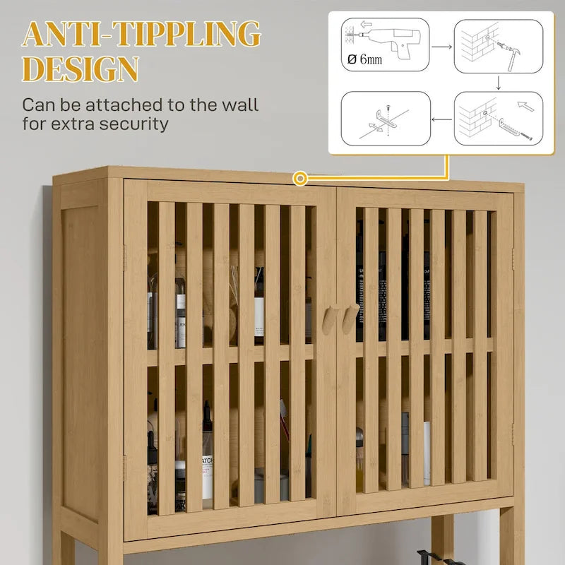 HOMCOM Bamboo Over-the-Toilet Storage Cabinet with Slatted Doors and Adjustable Shelf - Bathroom Organizer