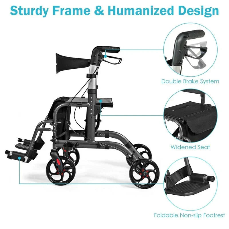 2 In 1 Rollator Walker Wheelchair Folding Medical Walker Aluminum Transport Chair Mobility Walking Aid - Comfortable And Ergonomic Design