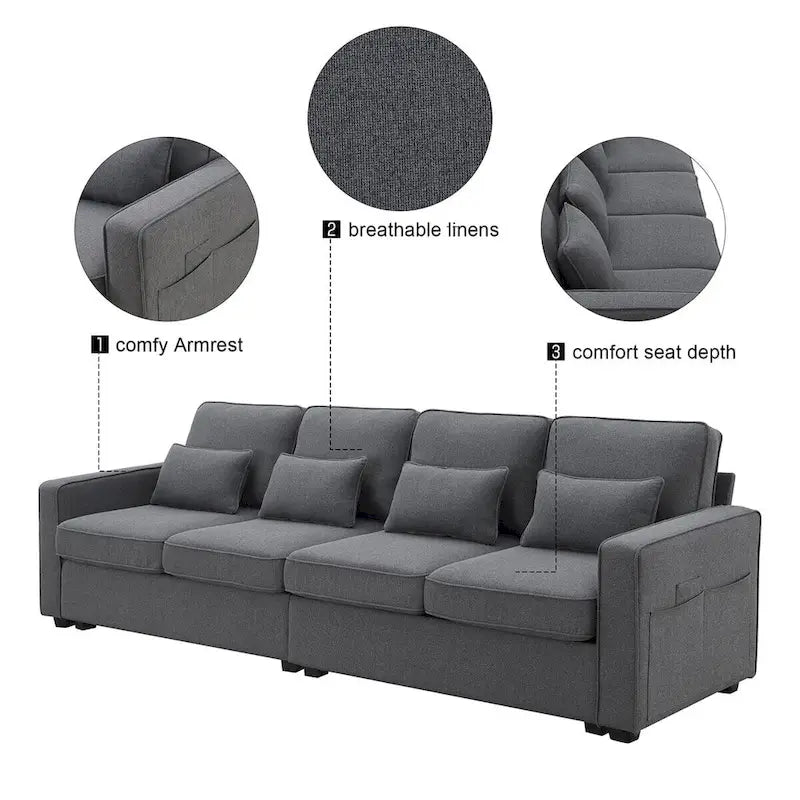 Merax 104 Modern 4-Seater Linen Sofa with Armrest Pockets and 4 Pillows - Minimalist Design