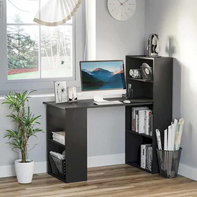 HOMCOM Modern Compact Computer Desk with 6-Tier Storage Shelves - Writing Table Workstation with Integrated Bookshelf for Home Office