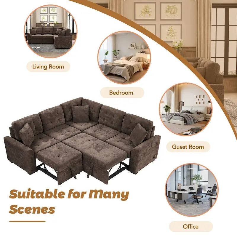 L-Shaped Pull-Out Sleeper Sofa with Wheels, USB Charging Ports, and Power Outlets