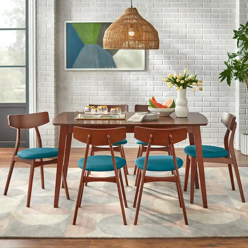 Mid Century Dining Table Set with 6 Upholstered Chairs and Wooden Frame