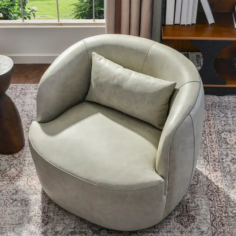 KINWELL Contemporary Genuine Leather Swivel Armchair with Cushion
