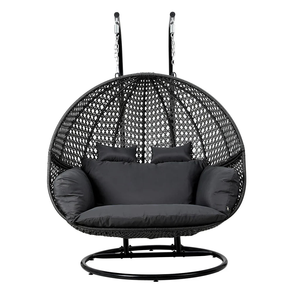 Gardeon Outdoor Egg Swing Chair Wicker Furniture Pod Stand Cushion 2 Seater Grey