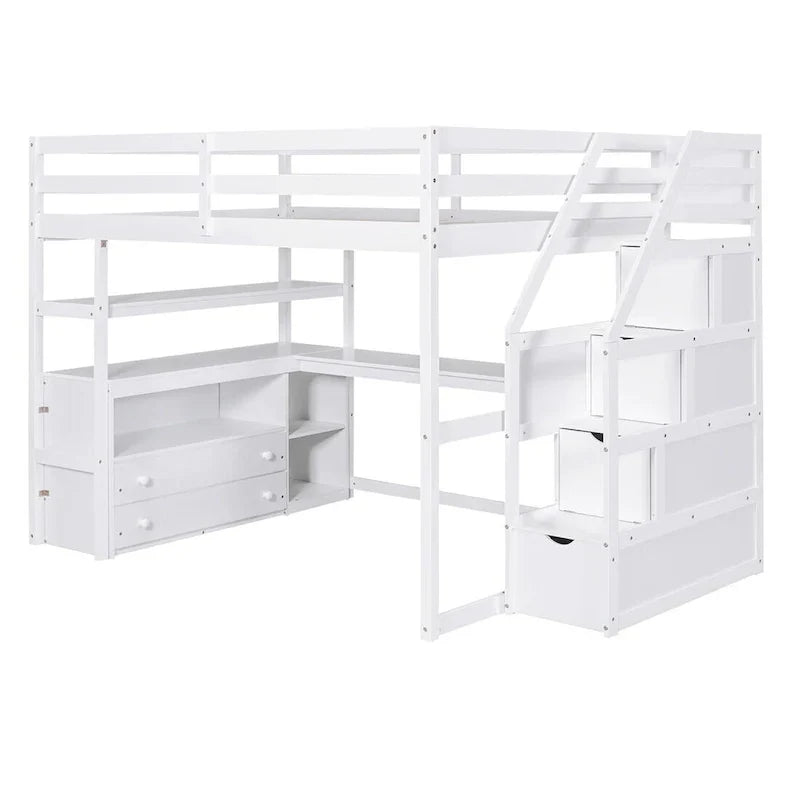 Merax Loft Bed with Integrated Desk and Storage Shelves