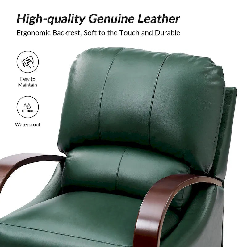 Set of 2 Alex Mid-Century Modern Genuine Leather Manual Recliners with Curved Wooden Arms
