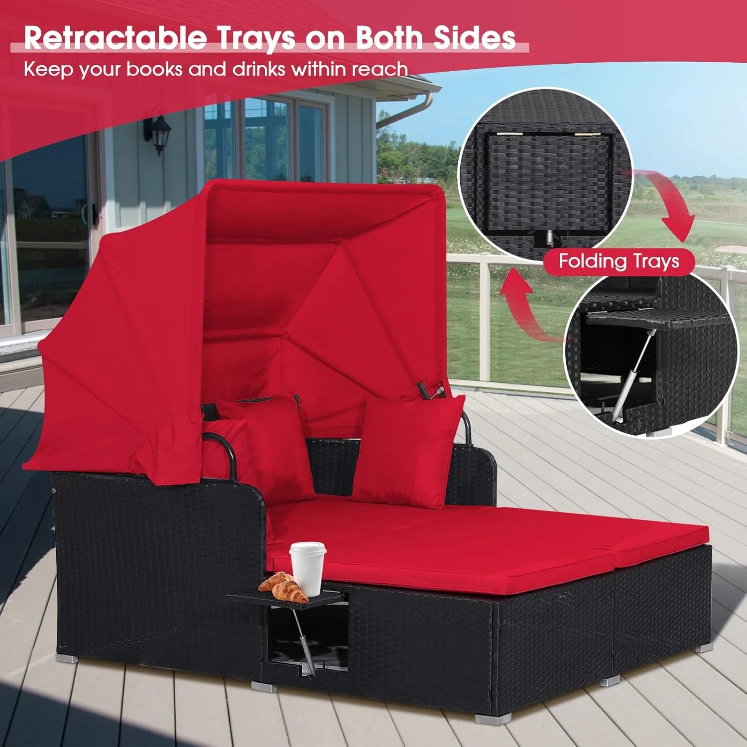 RELAX4LIFE Patio Outdoor Daybed with Canopy, Wicker Sunbed w/Cushions, 4 Pillows & 2 Retractable Side Trays, 2-Person Lounge Bed Conversation for Poolside Porch Garden, Rattan Outdoor Bed (Turquoise)