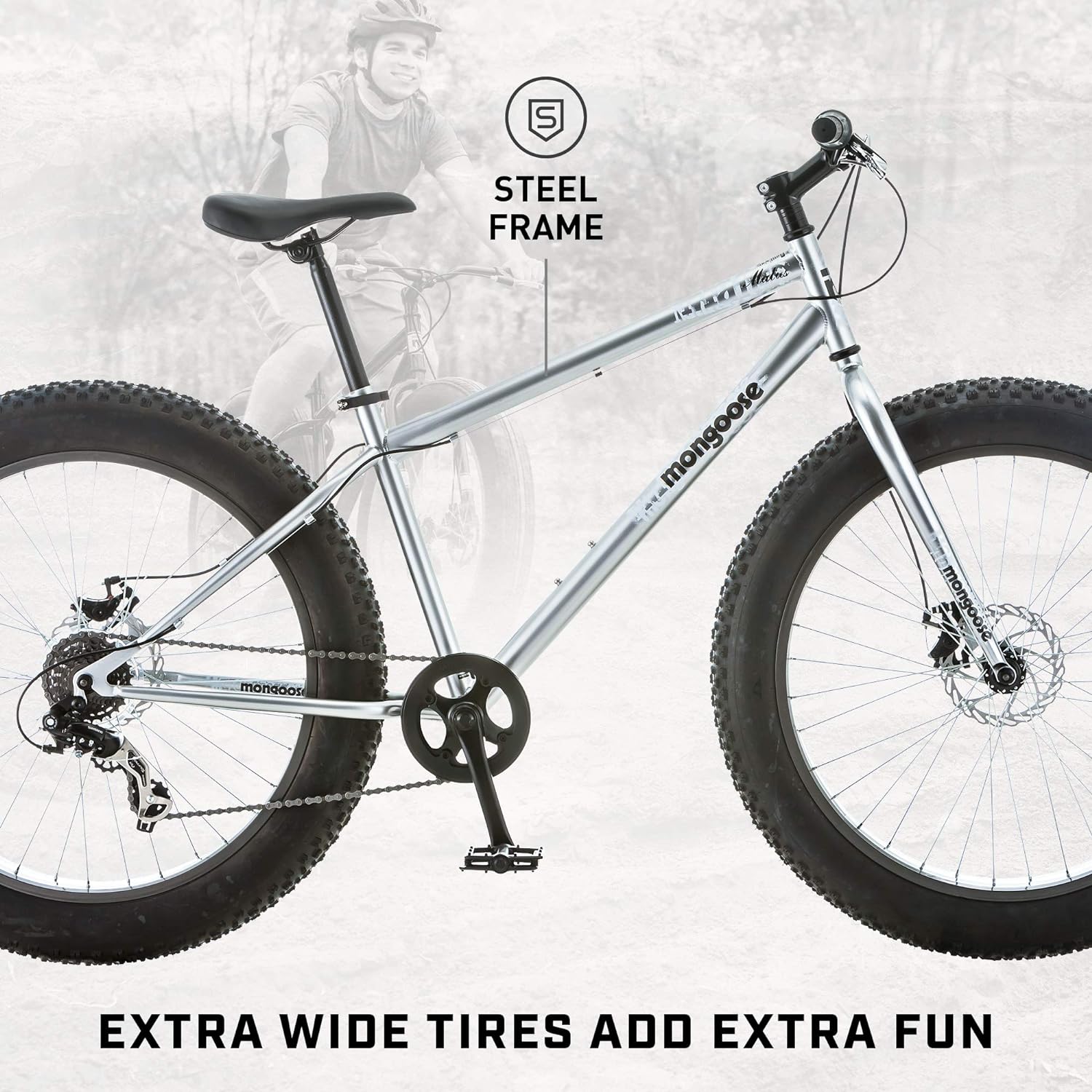 Mongoose Malus Mens and Women Fat Tire Mountain Bike, 26-Inch Bicycle Wheels, 4-Inch Wide Knobby Tires, Steel Frame, 7 Speed Drivetrain, Shimano Rear Derailleur, Disc Brakes
