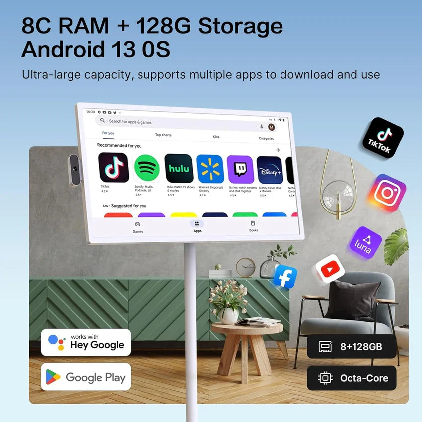 32-Inch Portable TV, 1080P FHD Rolling TV on Wheels with Rotatable Touch Screen, Android 13 OS, 8G RAM+128G Storage, Built-in Battery, Full Swivel Rotation, Voice Remote
