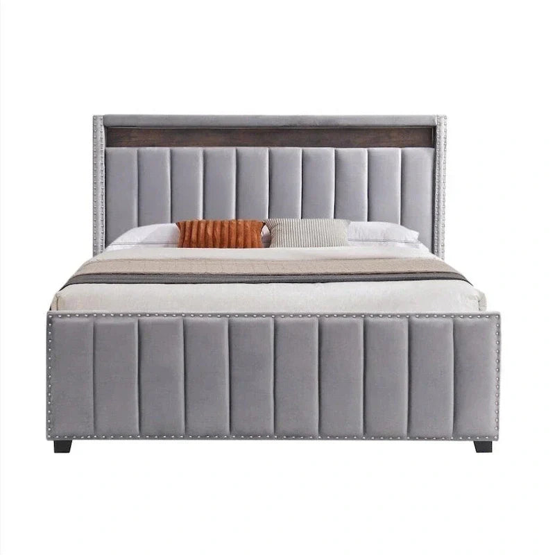 King Size Velvet Gas Lift Storage Bed with LED RF Lights and Storage Headboard