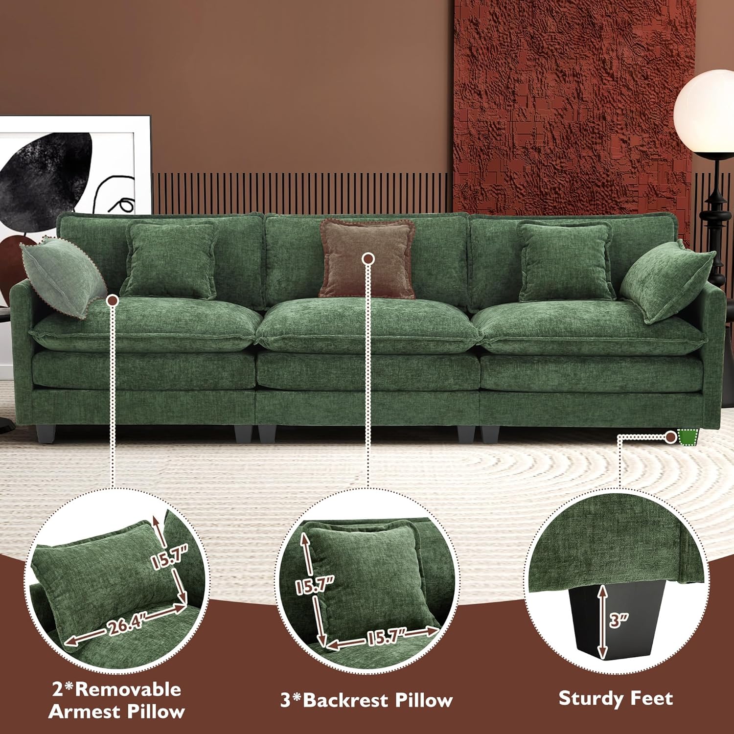 Ihanherry 146" U-Shaped Modern Sofa Modular Sectional Cloud Couch with 2 Ottoman, 6-Seat Chenille Deep Seat Sofa with 6 Pillows for Living Room, Bedroom and Apartment, Grey