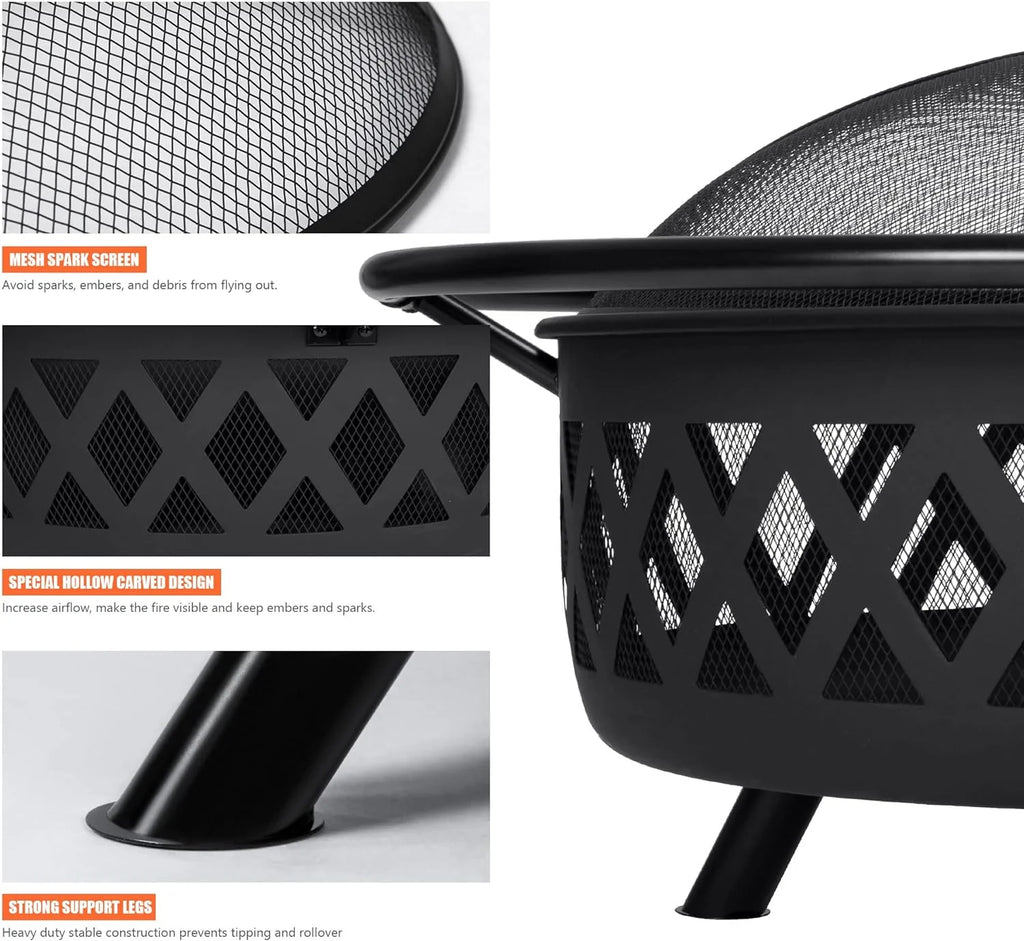 SUNCREAT 42�� Patio Fire Pit Wood Burning with Mesh Spark Screen, Bonfire Outdoor firepit with Fireplace Poker, Black