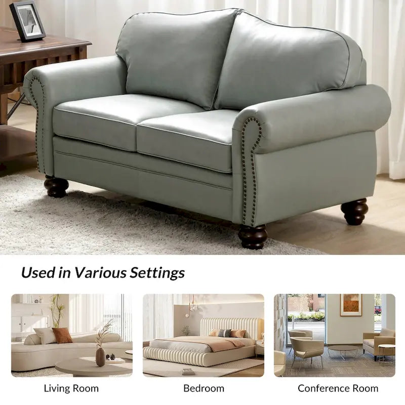 Leather Loveseat Sofa with Rolled Arms and Nailhead Trim