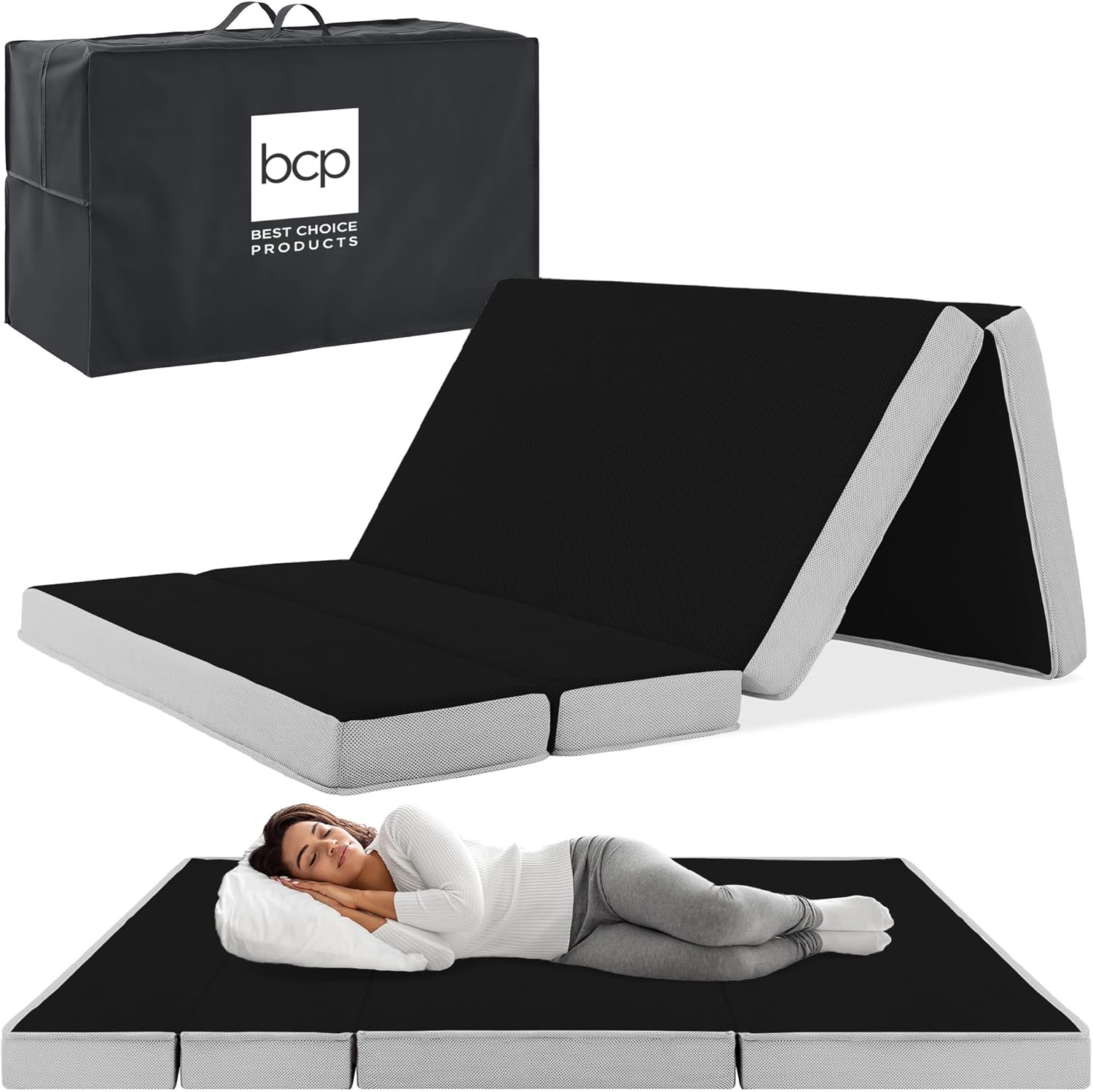 Best Choice Products 4in Portable Queen-Size Mattress, Tri-Fold Mattress for Camping, Guest, Toddler, Foam Plush w/Carry Case - Grey