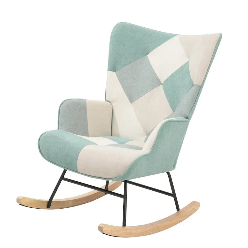 Mid-Century Patchwork Linen Rocking Chair with Wooden Legs