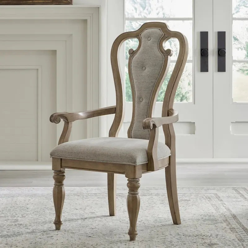 Set of 2 Magnolia Manor Weathered Bisque Upholstered Arm Chairs with Splat Back Design