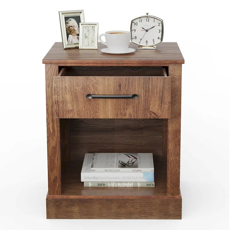 Rustic Wooden Bedside Table with Drawer and Shelf by Gymax