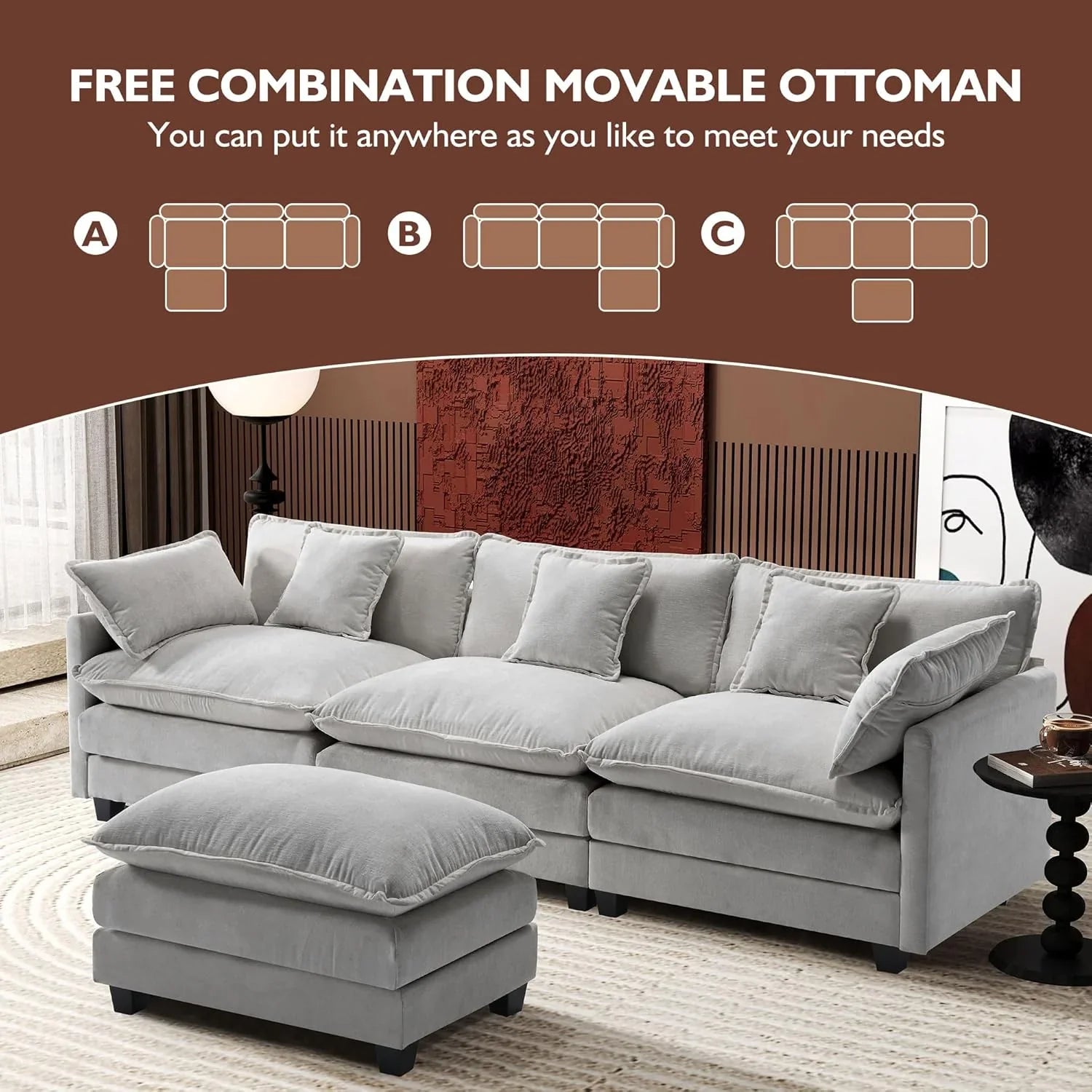 Ihanherry 146" U-Shaped Modern Sofa Modular Sectional Cloud Couch with 2 Ottoman, 6-Seat Chenille Deep Seat Sofa with 6 Pillows for Living Room, Bedroom and Apartment, Grey