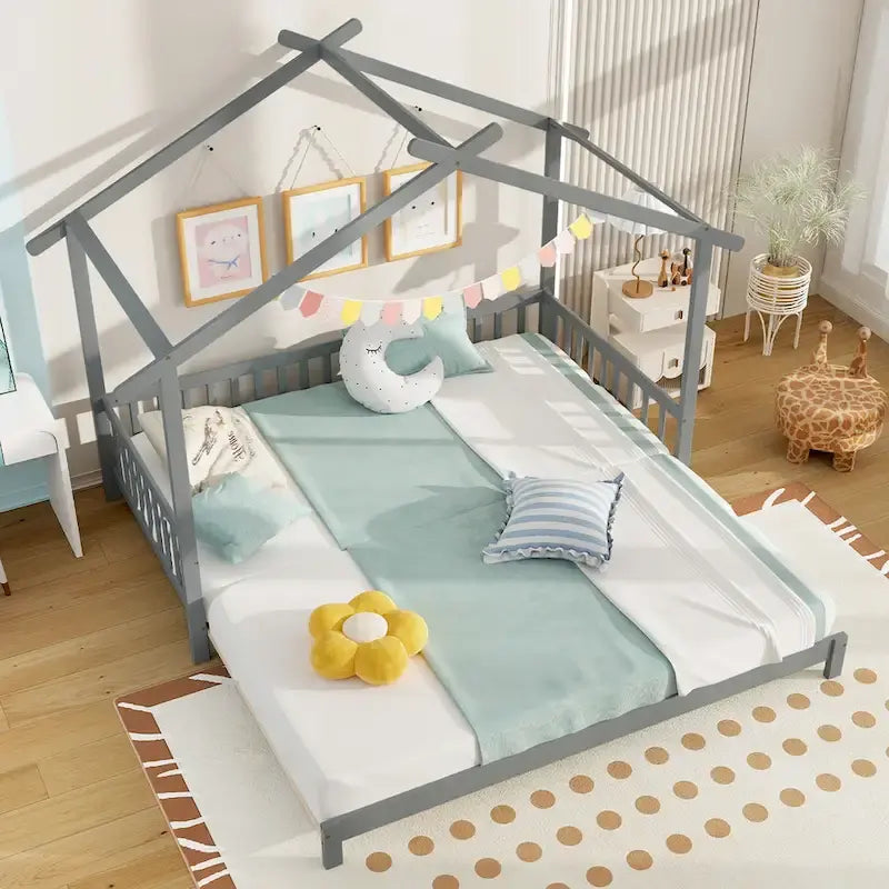 Gymax Twin to King Wooden House Bed Daybed with Safety Rails & Customizable Design