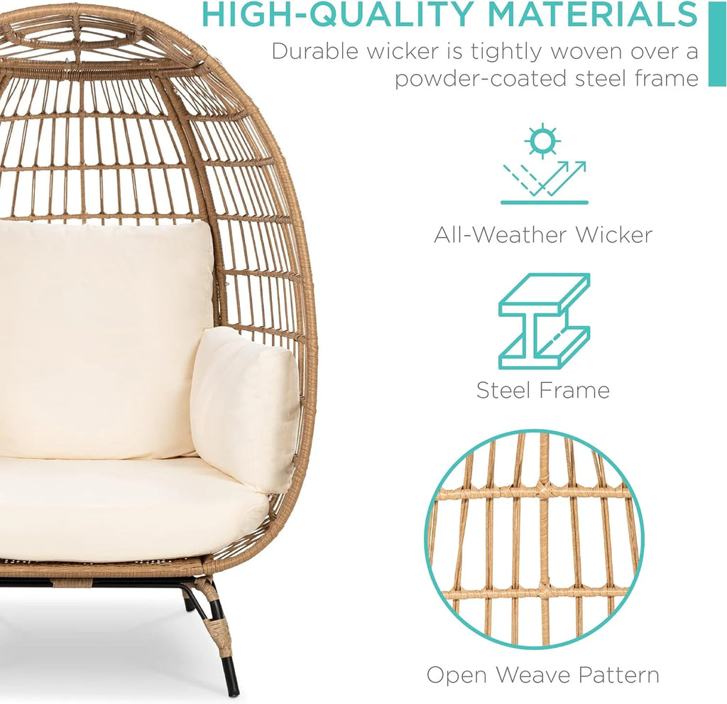 Best Choice Products Wicker Egg Chair Oversized Indoor Outdoor Lounger for Patio Backyard Living Room w/ 4 Cushions Steel Frame 440lb Capacity - Ivory