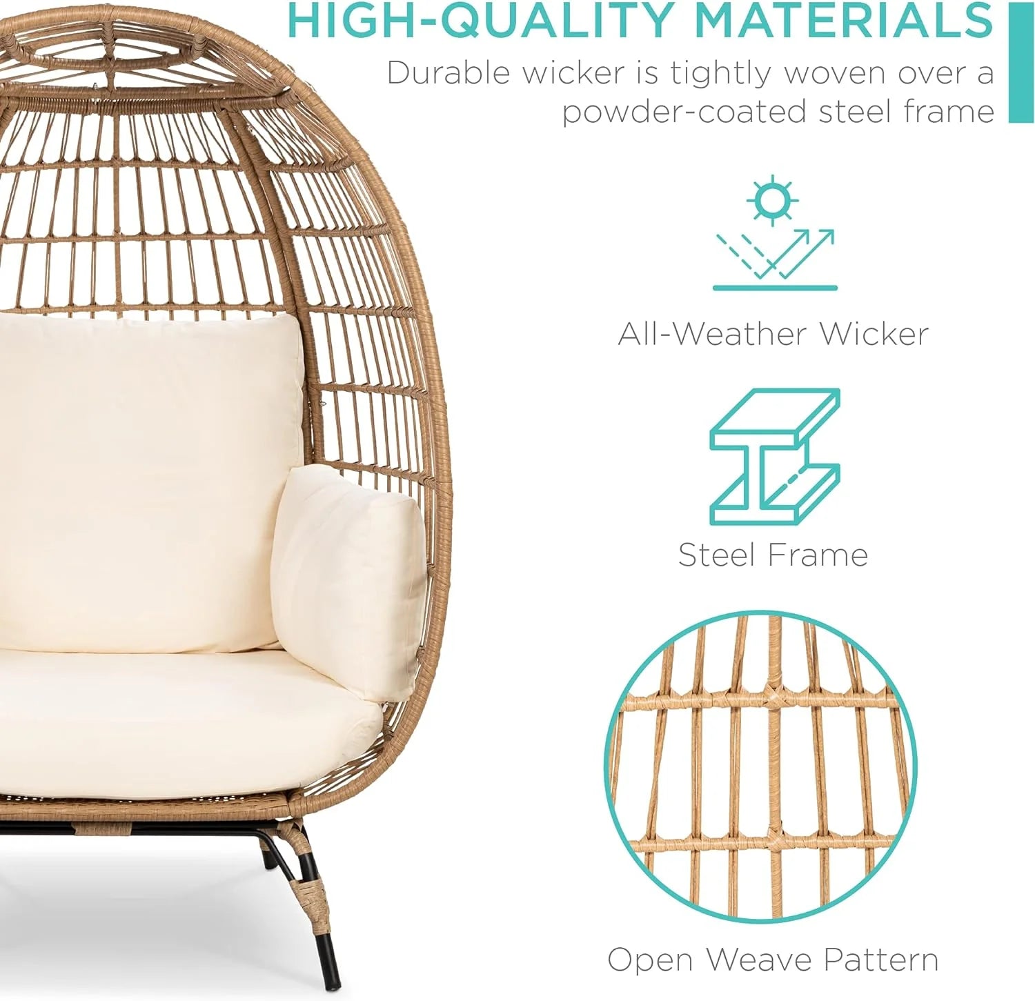 Best Choice Products Wicker Egg Chair Oversized Indoor Outdoor Lounger for Patio Backyard Living Room w/ 4 Cushions Steel Frame 440lb Capacity - Ivory