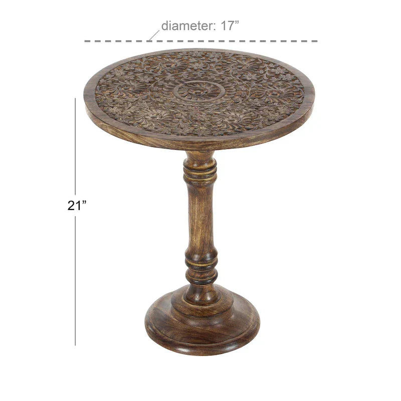Intricately Carved Dark Brown Mango Wood Accent Table with Elephant or Floral Design and Turned Base - Roche River Decor