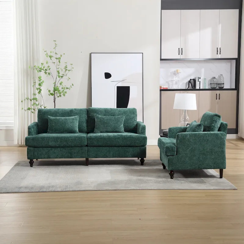 HOMEFUN Chenille Upholstered Loveseat and Armchair Set with Wooden Frame for Living Room