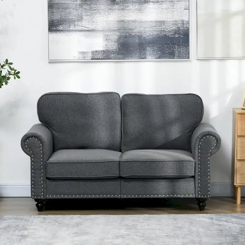 HOMCOM 61-Inch Mid-Century Modern Loveseat Sofa - Stylish 2-Seater Couch with Nailhead Trim and Rolled Arms, Upholstered in Fabric