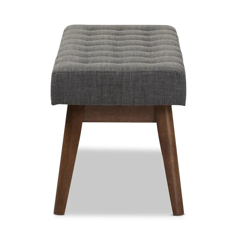 Mid Century Upholstered Bench with Tufted Seat and Wooden Legs