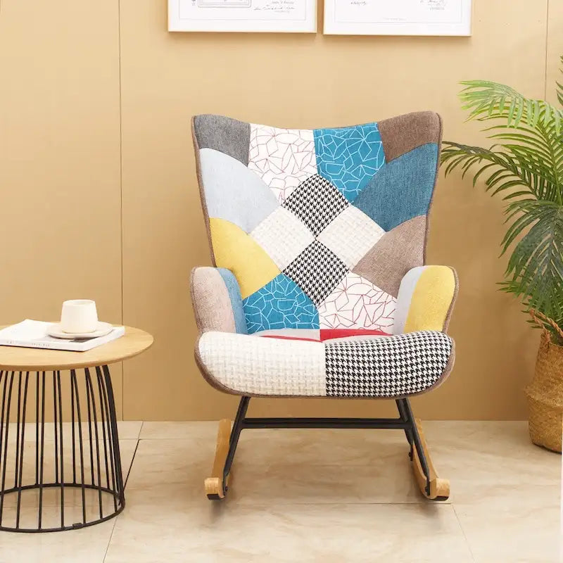 Mid-Century Patchwork Linen Rocking Chair with Wooden Legs