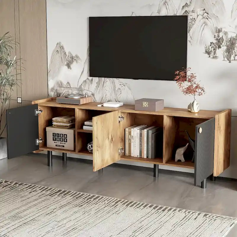 Mid-Century Modern TV Stand with 3 Cabinets - Media Console for TVs up to 70 inches, Stylish Entertainment Center with Storage for Living Room