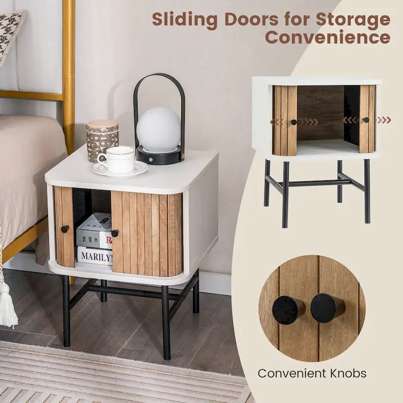 Set of 2 Nightstands with Sliding Doors and Metal Legs