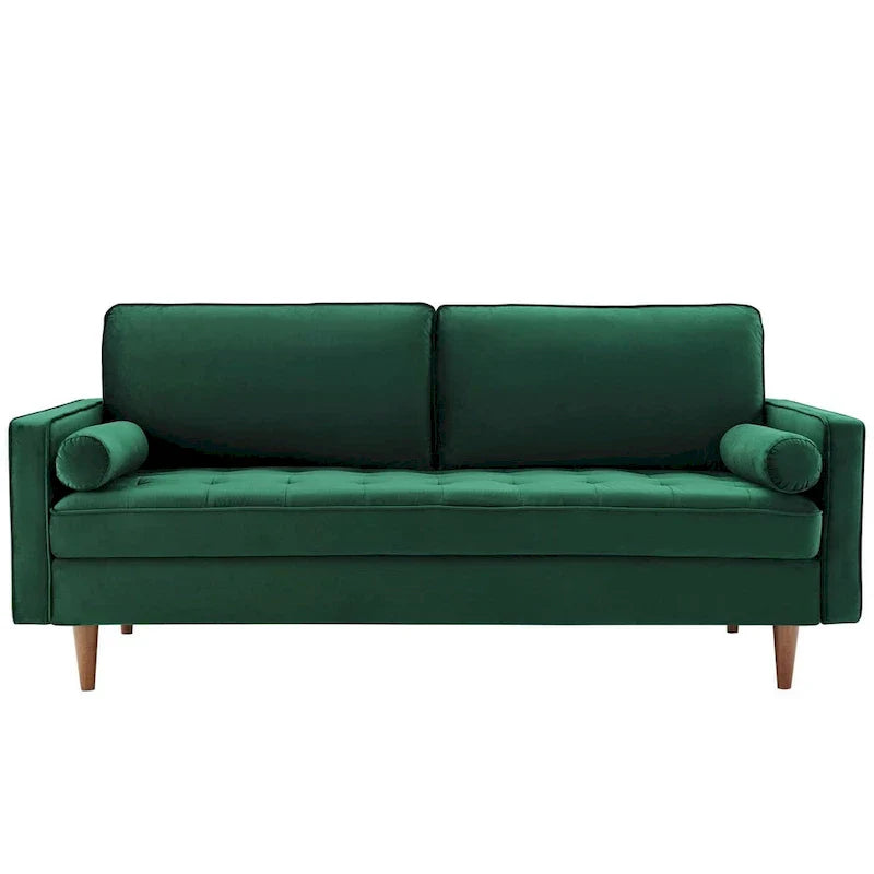 Mid Century Velvet Sofa with Tufted Back and Wooden Legs