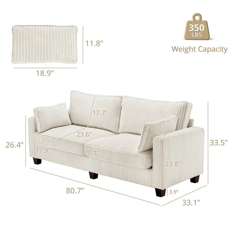 LUE BONA 81 Contemporary Corduroy 3-Seater Sofa - Upholstered Polyester Rectangle Design with Wooden Base for Living Room