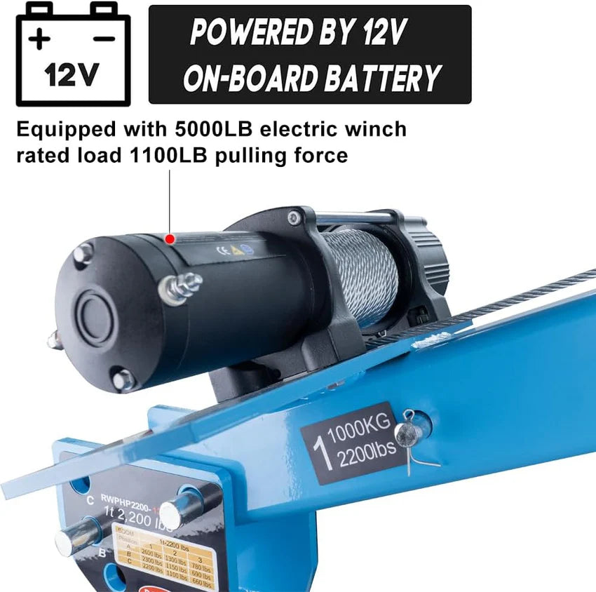 Pismire Winch Versatile 0.5T Folding Truck-Mounted Bed Crane Hoist Lift Pickup with Electric Winch 3500 lb 12V, Painted Steel 1100 lb Pickup 360° Swivel Base