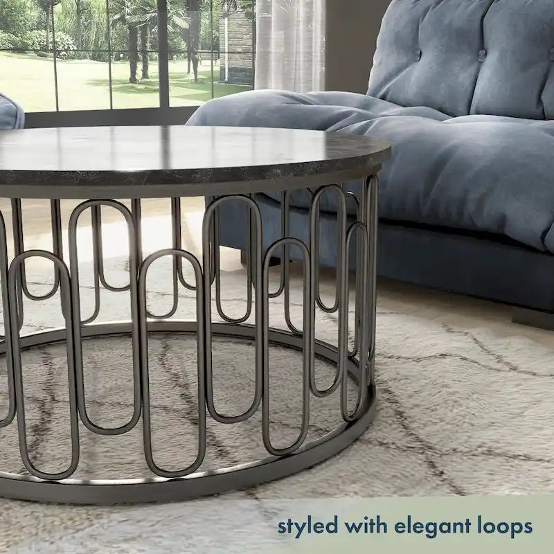 Lars Contemporary Round Coffee Table with Marble Top and Sturdy Metal Base by Furniture of America