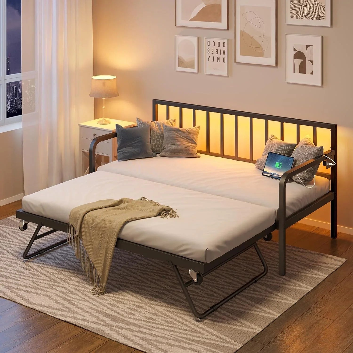 Rolanstar Daybed with Charging Station and LED Lights, Height Adjustable Twin Daybed with Trundle, Metal Sofa Bed Frame with Steel Slat Support