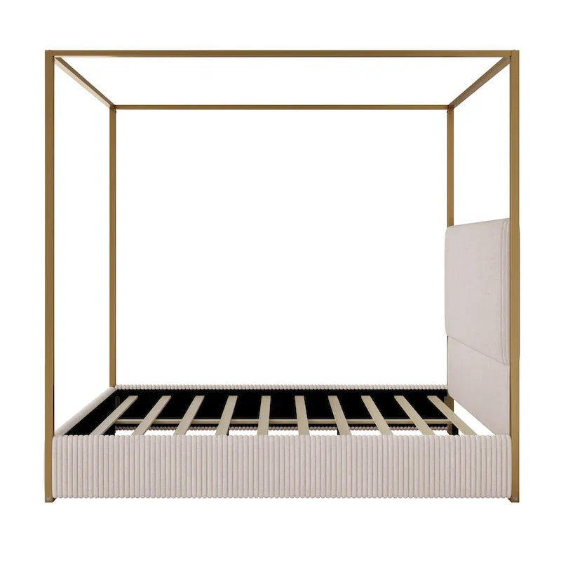 Metal Canopy Platform Bed with Vertical Stripe Upholstered Wingback Headboard - Four Poster, Low Profile Design
