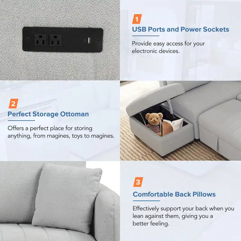 Sectional Sofa Bed with Storage Ottoman USB Ports and Pull Out Design