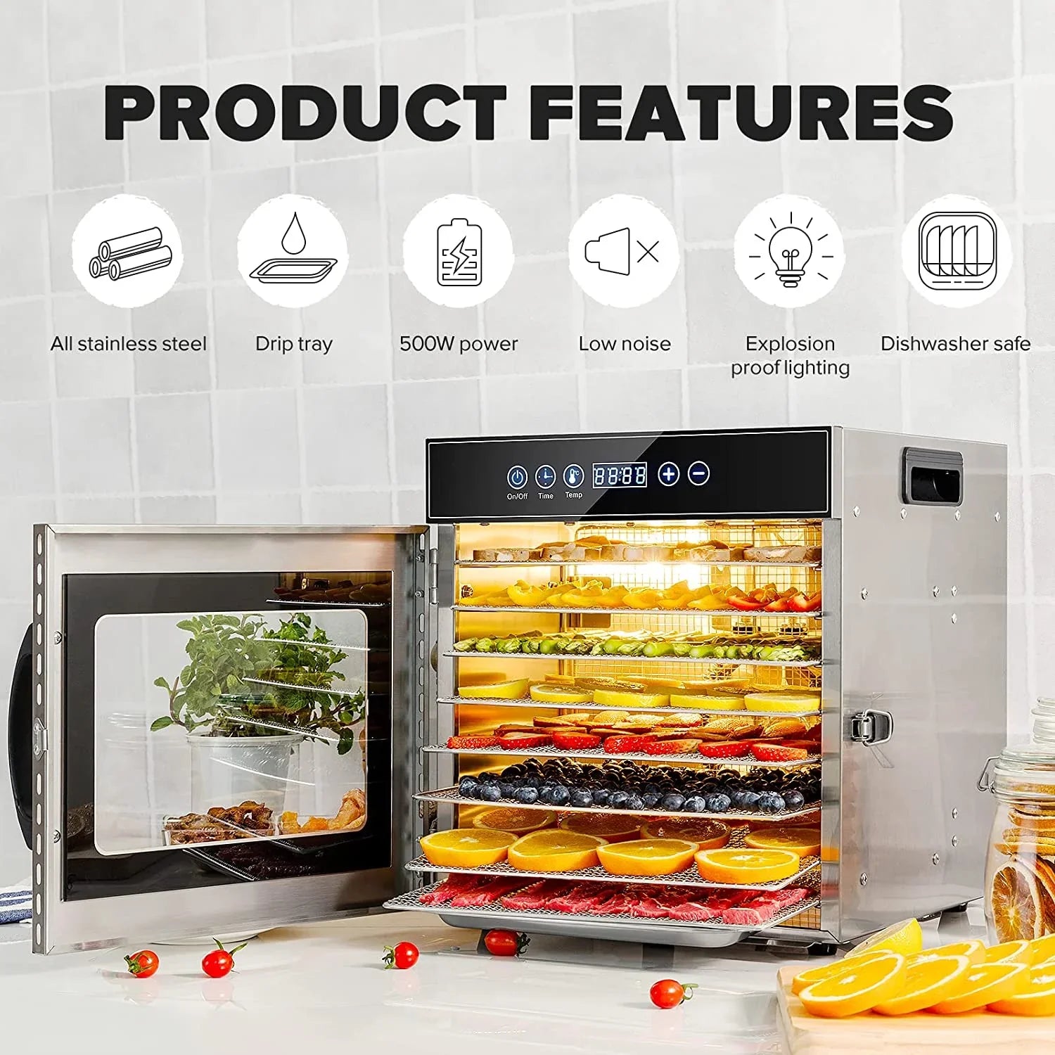 Tray Food Dehydrator, Steel Fruit Dry Machine with 30 90��C Adjustable Thermostat, 24hr Digital Timer