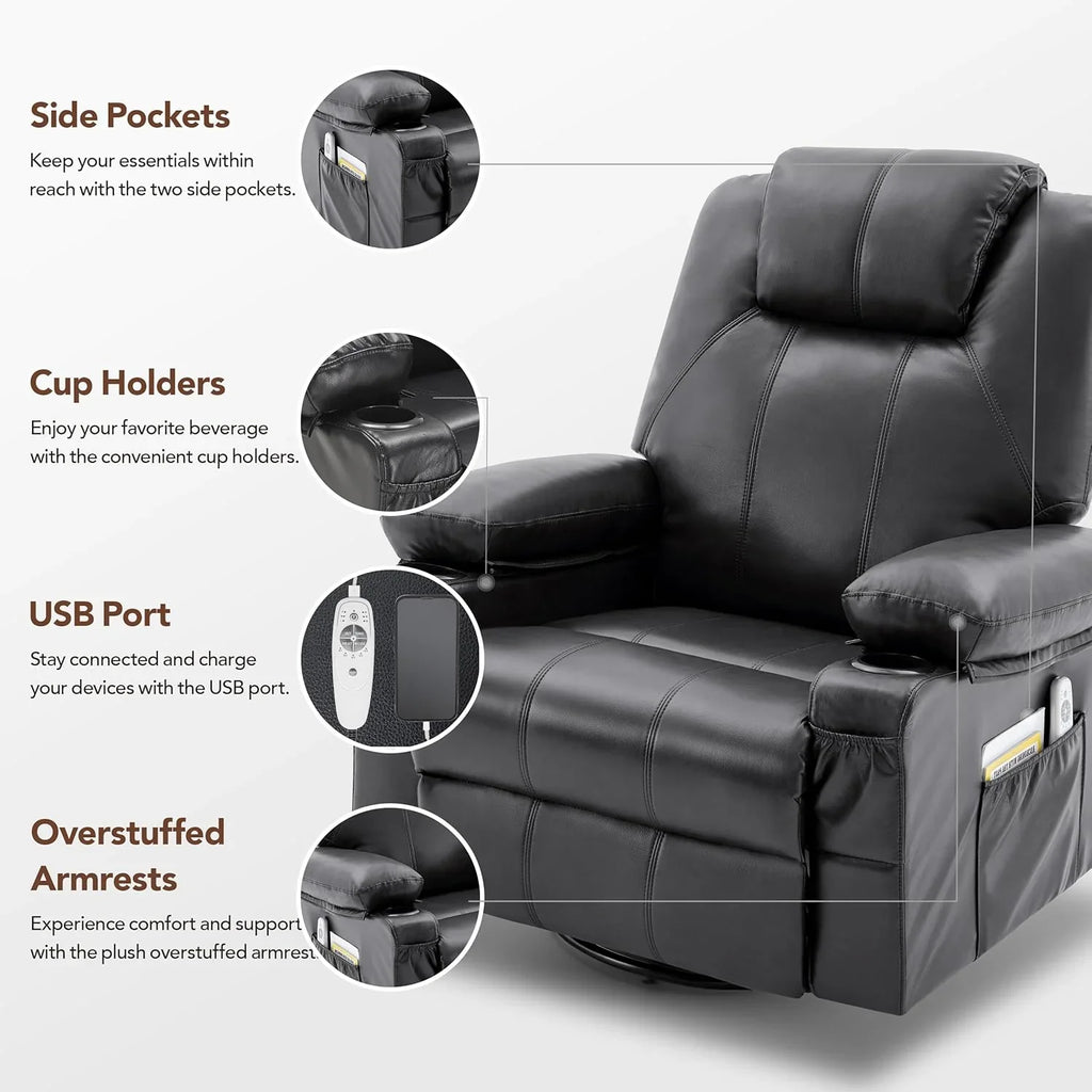 Oversized Swivel Rocker Recliner Chair with Heat and Massage, 360 Degree Swivel Rocking Single Sofa with Cup Holders and USB Port, Large Big Recliner Chair for Living Room (Leather, Brown)