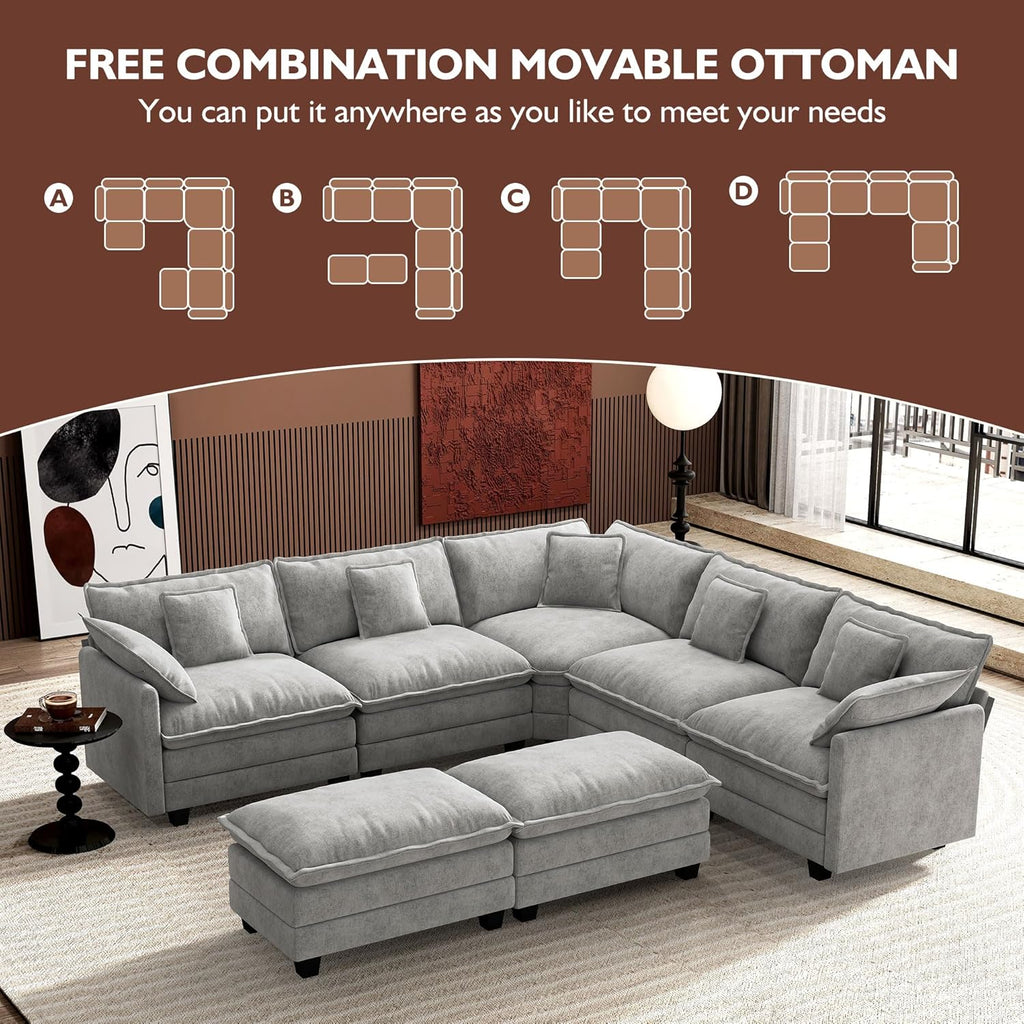 Ihanherry 146" U-Shaped Modern Sofa Modular Sectional Cloud Couch with 2 Ottoman, 6-Seat Chenille Deep Seat Sofa with 6 Pillows for Living Room, Bedroom and Apartment, Grey