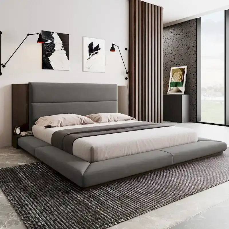 King Gray Upholstered Low Profile Platform Bed with Extended Wood Headboard and Integrated Nightstand Shelves