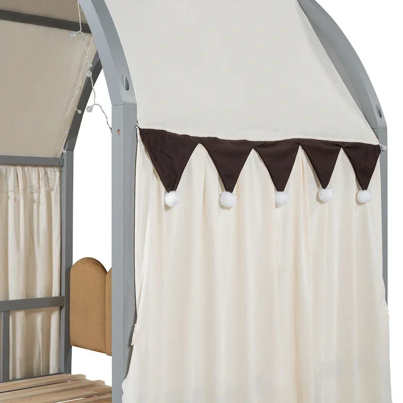Gray Twin Bed with Arched Canopy and Trundle