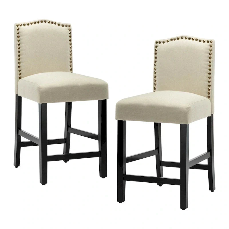 Set of 2 Counter Height Bar Stools with Back - 24-Inch Fabric Upholstered Design and Nailhead Trim