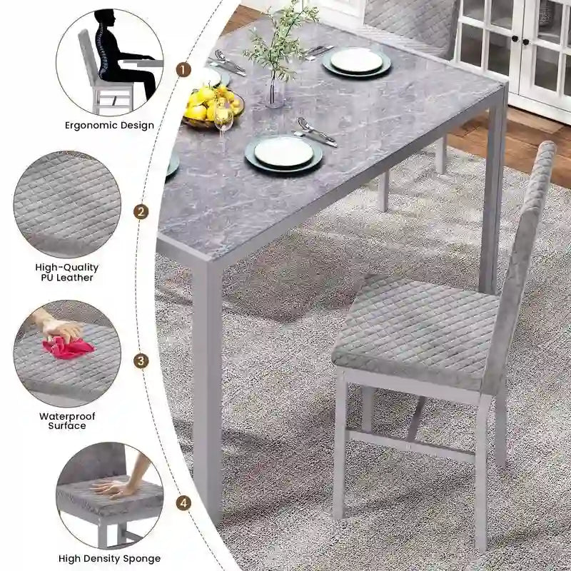 Grondin Contemporary 5-Piece Dining Set with Tempered Glass Table and 4 Diamond-Stitched PU Leather Chairs
