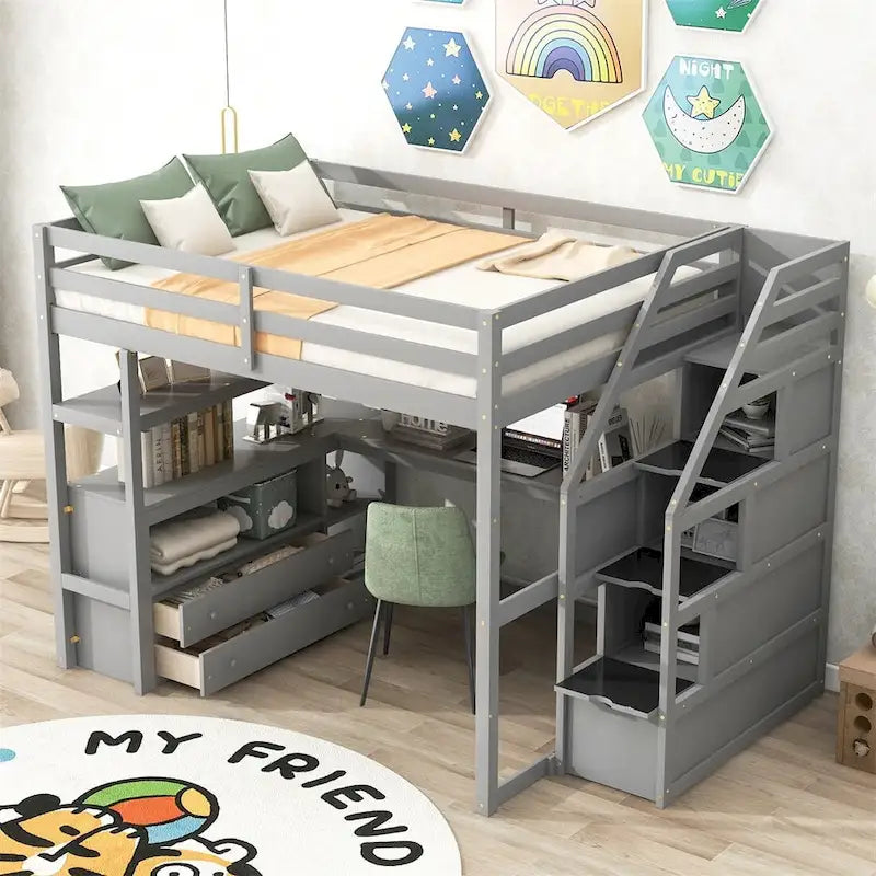 Merax Loft Bed with Integrated Desk and Storage Shelves