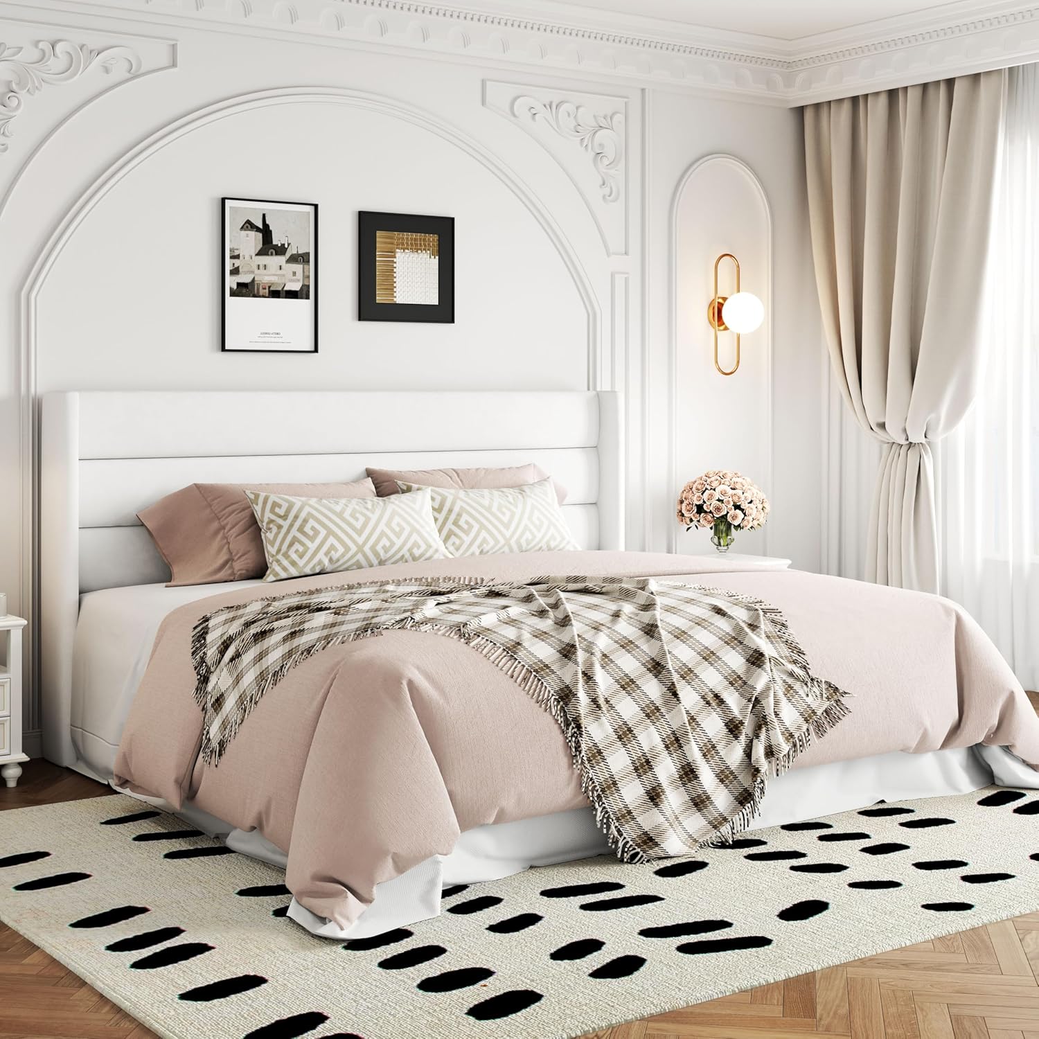 Allewie Queen Size Lift Up Storage Bed, Modern Wingback Headboard, Hydraulic Support, No Box Spring Needed, Light Beige